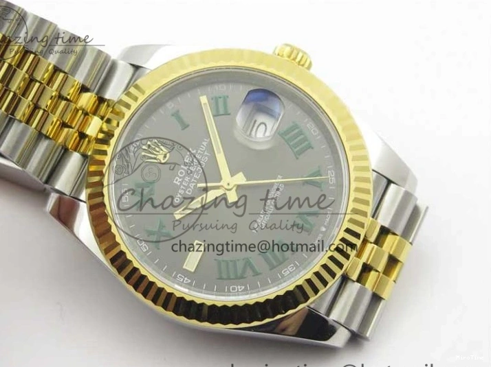 MiroTime 0519 DateJust 41 SS YG 126333 Fluted Bezel DJF Best Edition 904L Steel Gray Dial Green Roman Markers on Jubilee Bracelet A Seasonal 3194